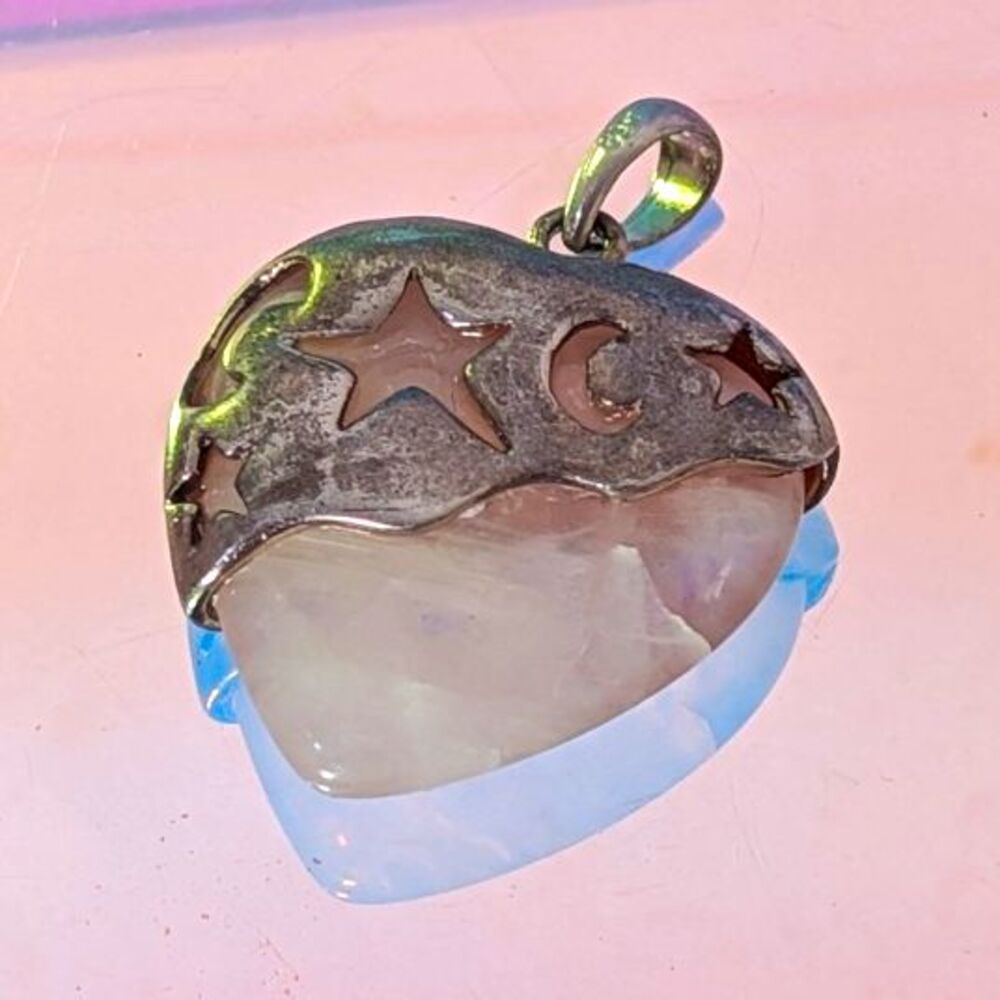 1990s 925 Sterling Silver Rose Quartz Heart Celestial Pendant 8g Vintage